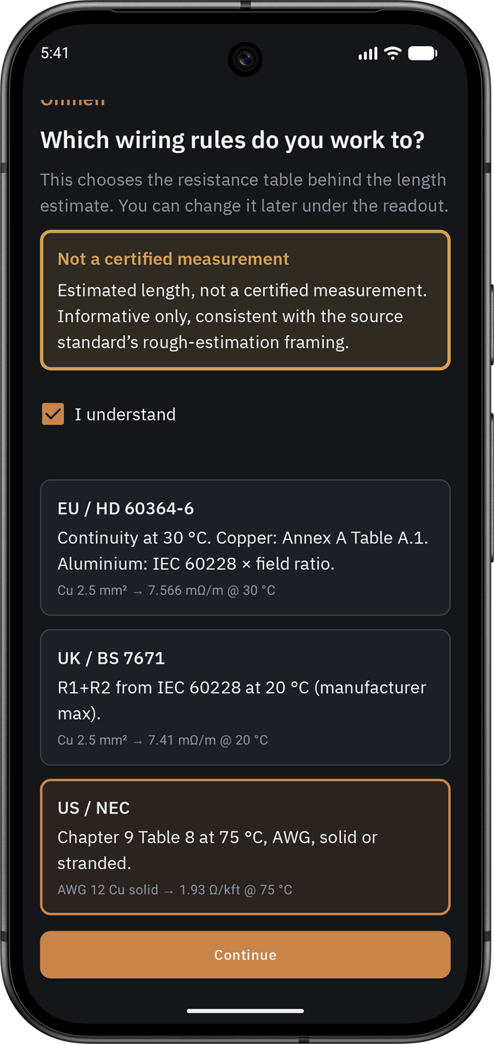 First run screen asking which wiring rules you work to, listing EU HD 60364-6, UK BS 7671, and US NEC with the resistance each table gives for 2.5 mm² copper.